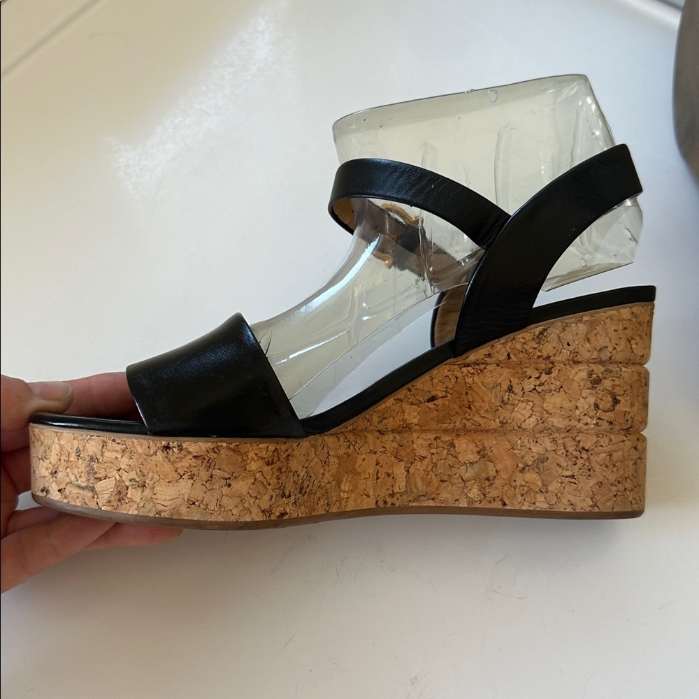 Salvatore Ferragamo Black Leather Cork Wedge Platform Sz 6 Sandals Made in Italy - Picture 8 of 16